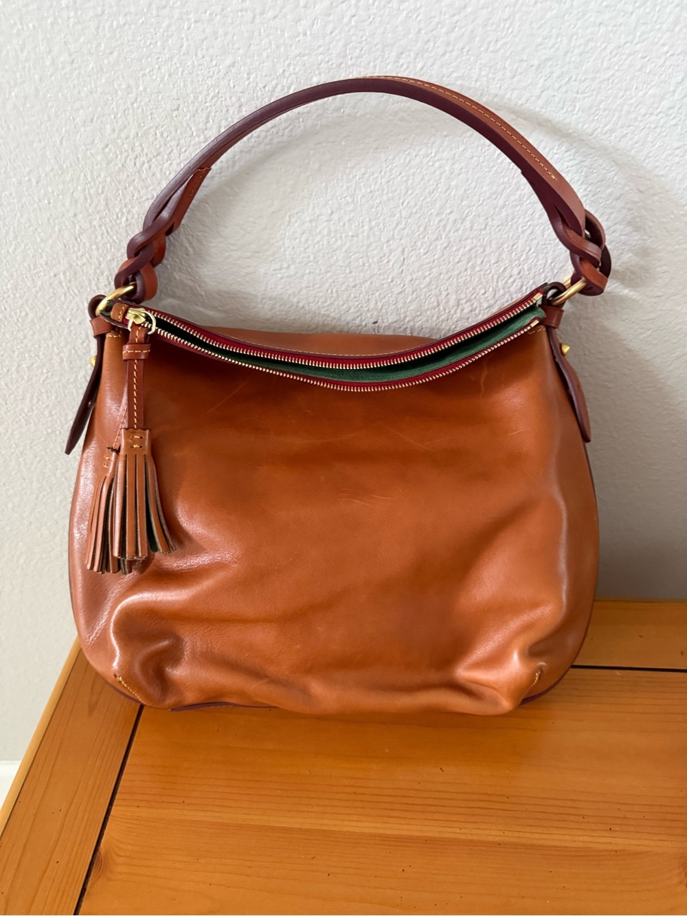 Dooney & Bourke Cognac and Dark Brown Leather Shoulder Hobo - Picture 2 of 10